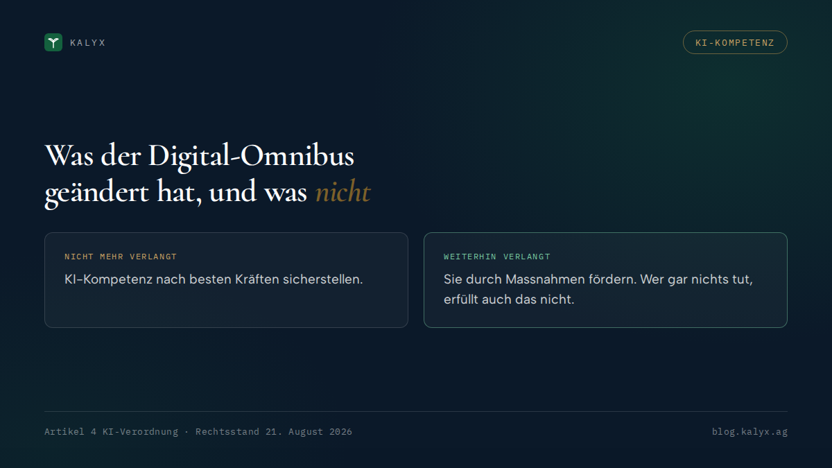 Aufmacher zum Beitrag über die KI-Kompetenzpflicht: Entschärft ist nicht abgeschafft.