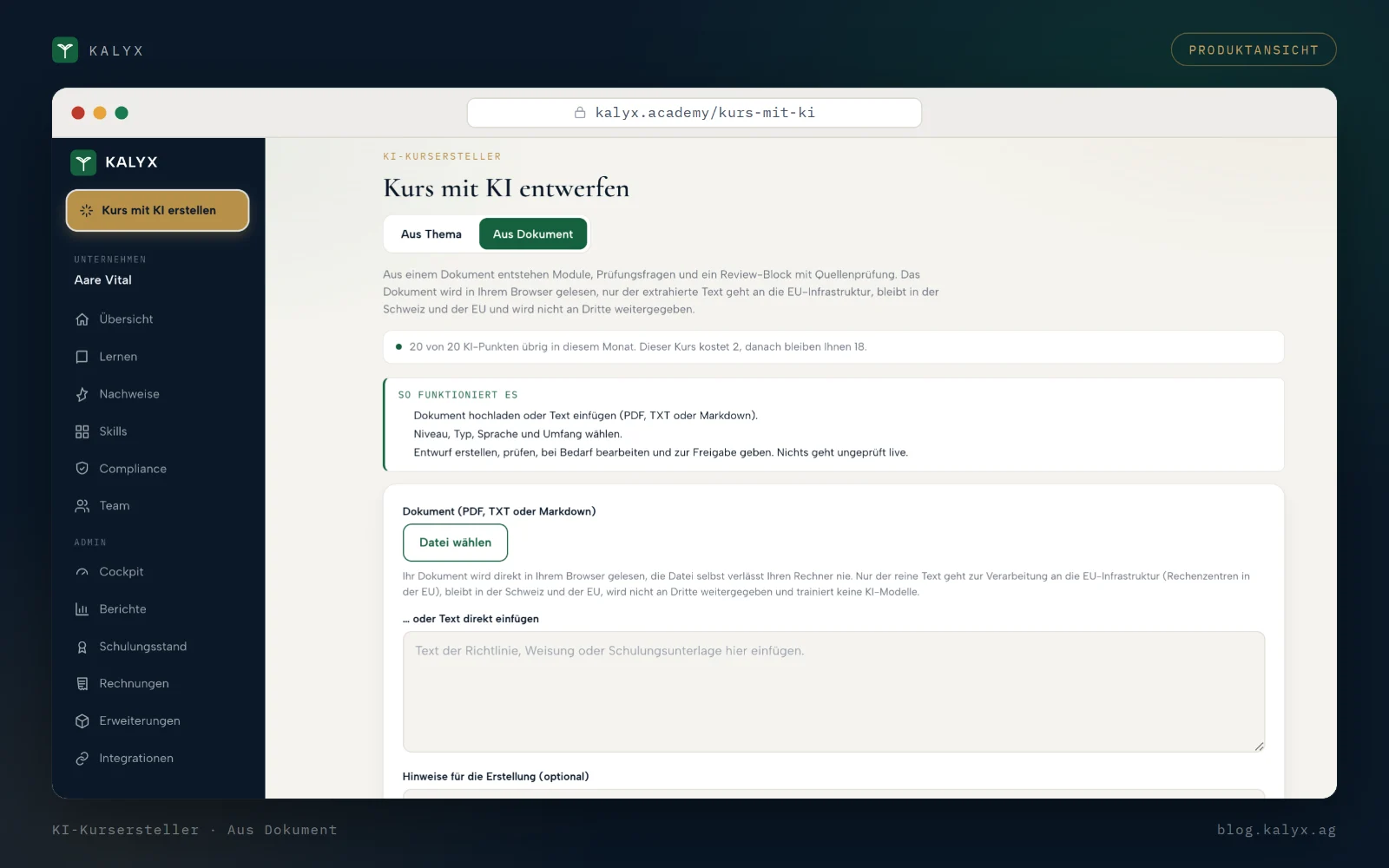 Der KALYX KI-Kursersteller im Modus Aus Dokument: PDF oder Text hochladen, Niveau und Typ wählen, ein Entwurf entsteht.