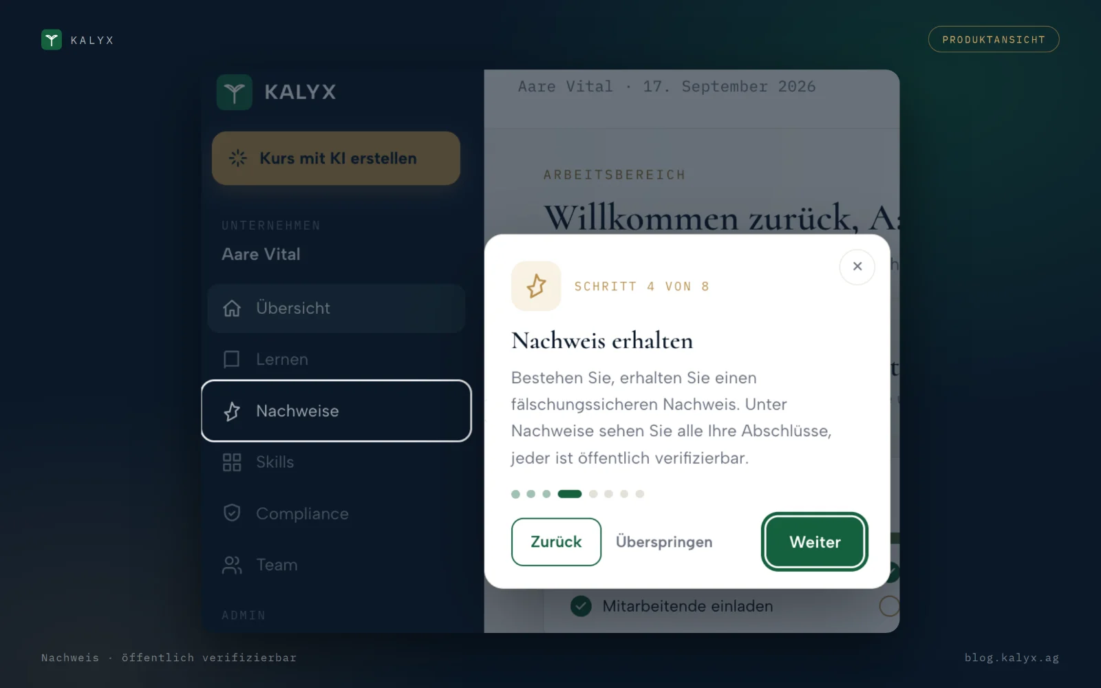 In KALYX wird jeder bestandene Kurs zu einem fälschungssicheren Nachweis, der öffentlich verifizierbar ist.