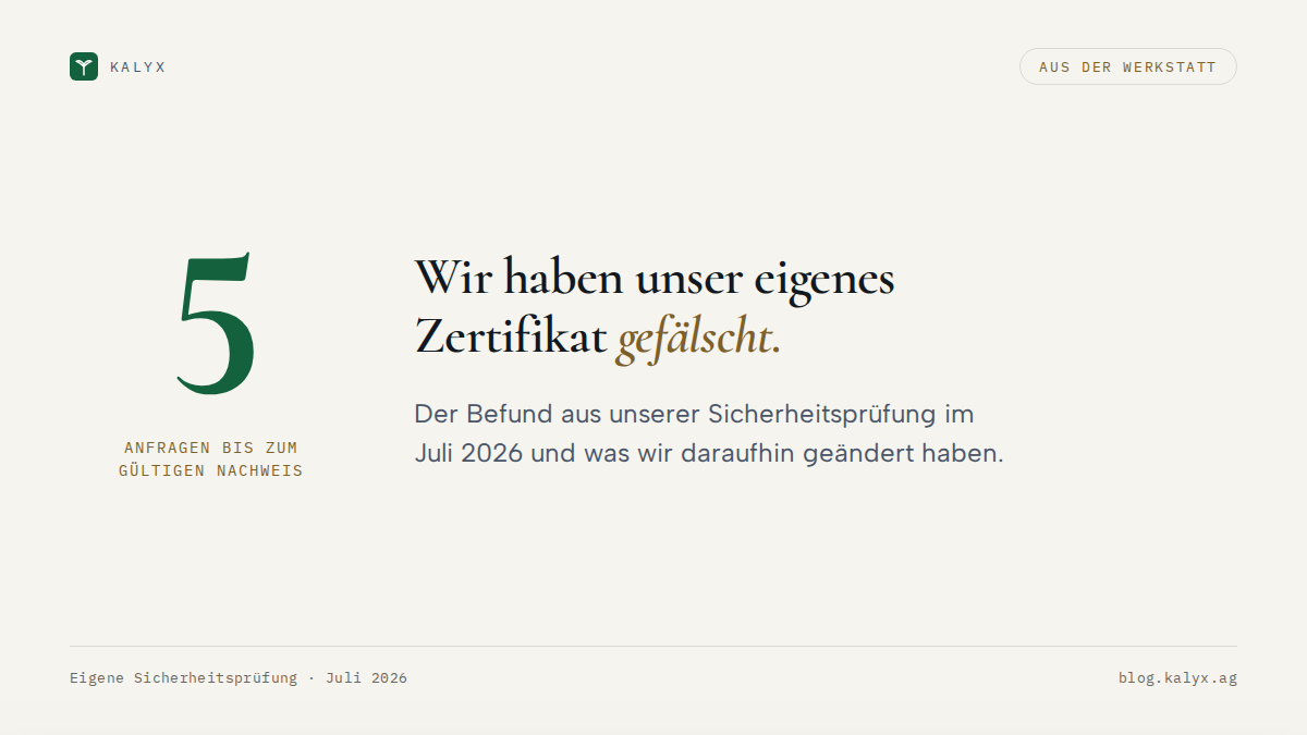 Aufmacher zum Beitrag über die eigene Sicherheitsprüfung: Wir haben unser eigenes Zertifikat gefälscht.